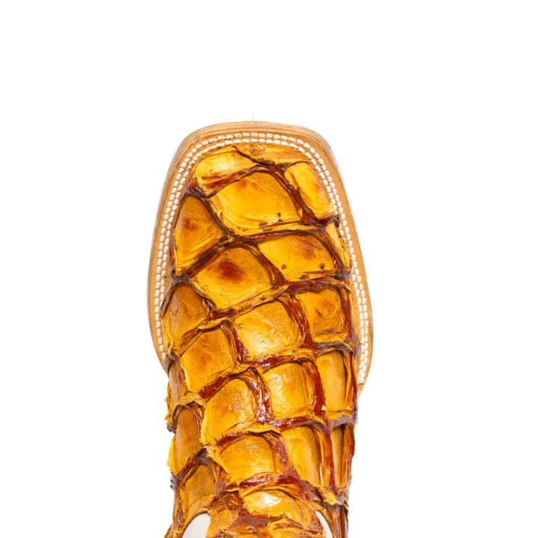 Men's Genuine Monster Fish Leather Square Toe Boots Cognac