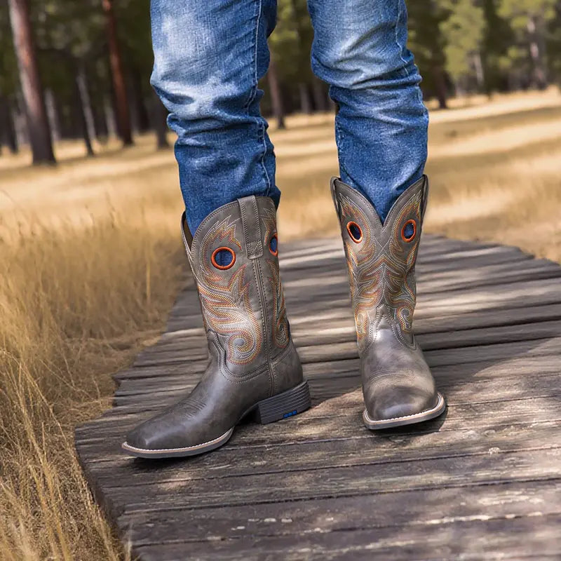 Men's Cowboy Boots Western-Style Classic Embroidered Chunky Heel Flat-Toe Mid-Calf Boot