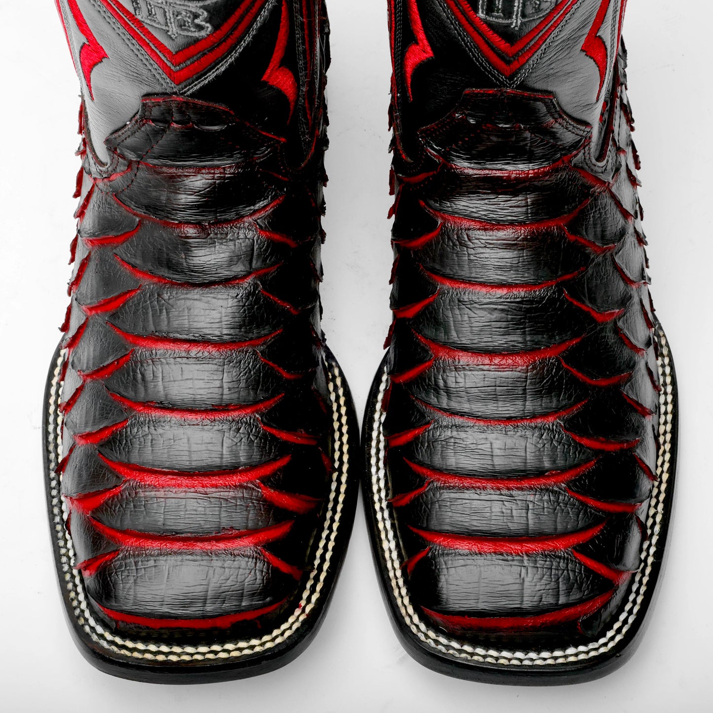 Black/Red Python Leather Boots-Square Head