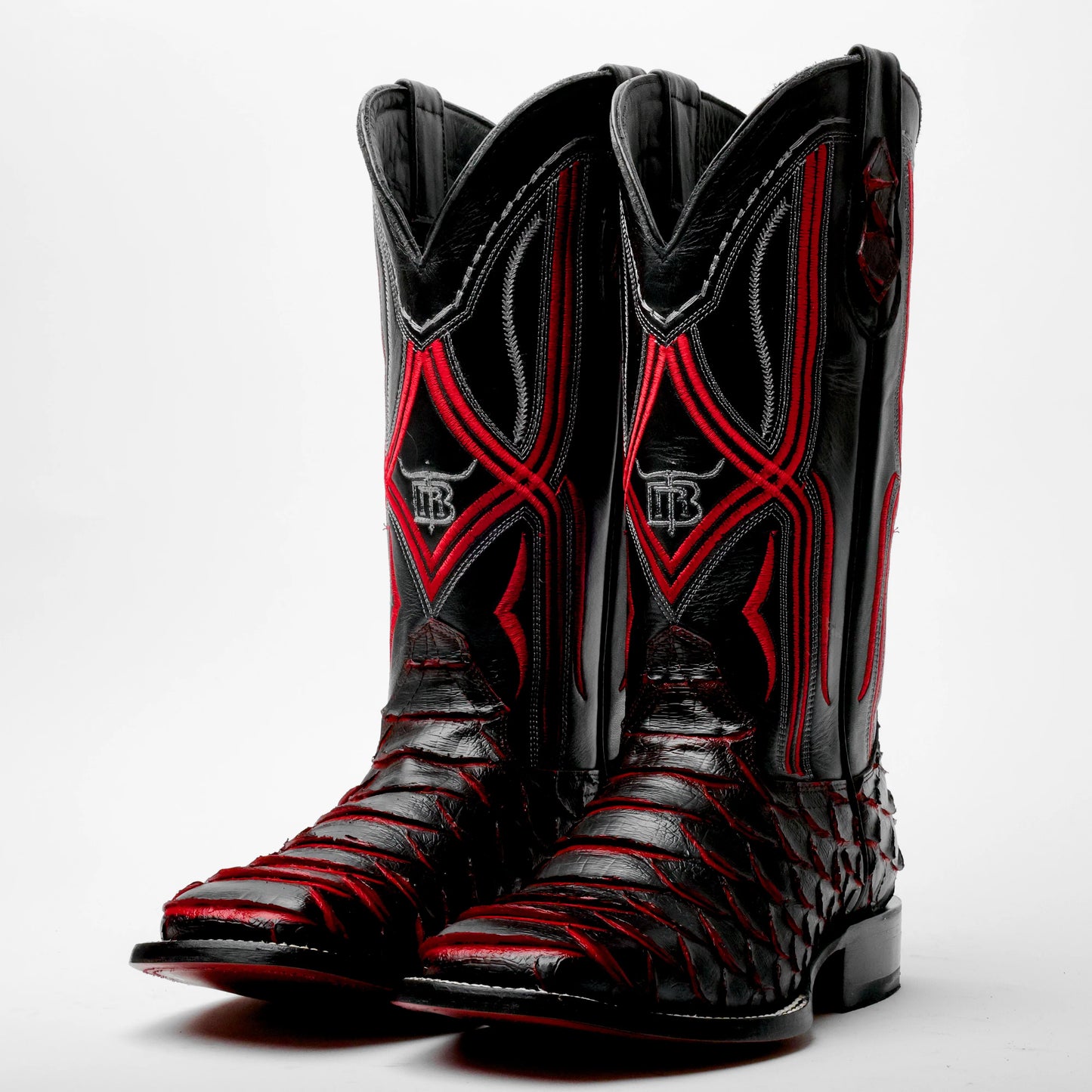 Black/Red Python Leather Boots-Square Head