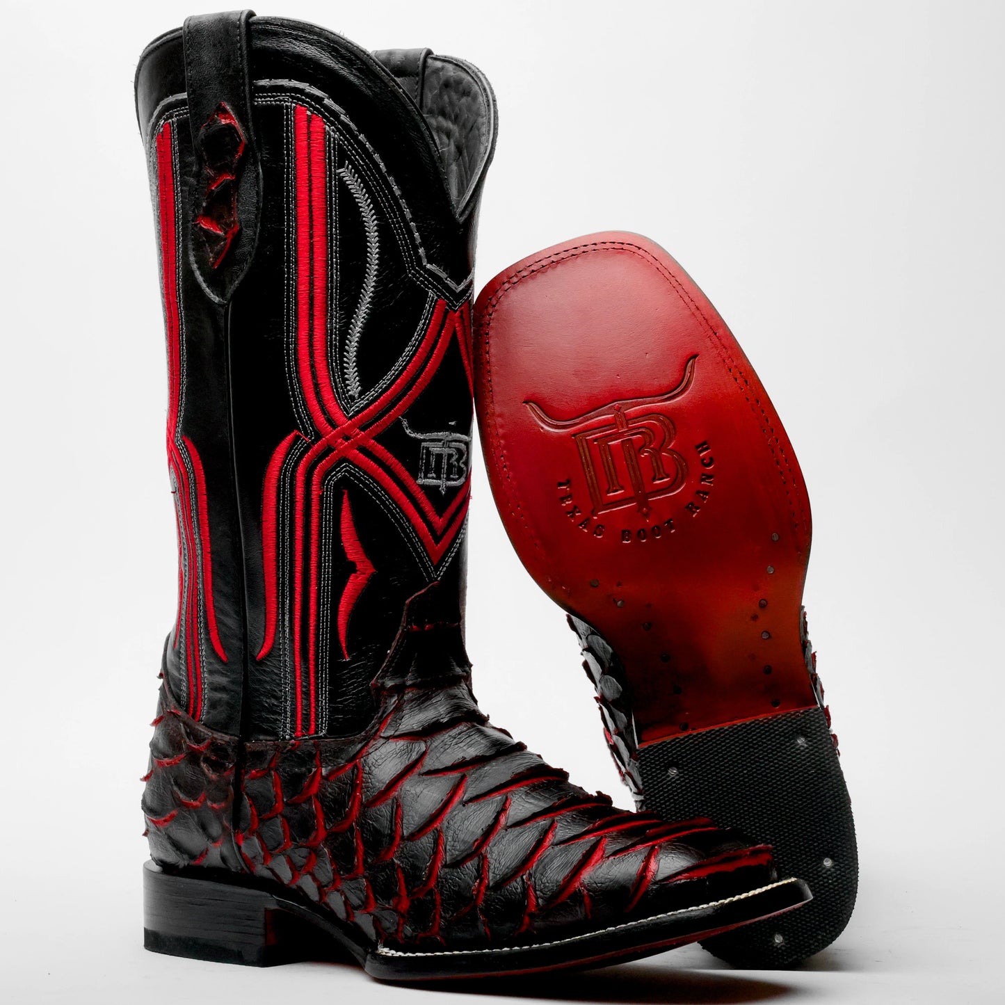 Black/Red Python Leather Boots-Square Head