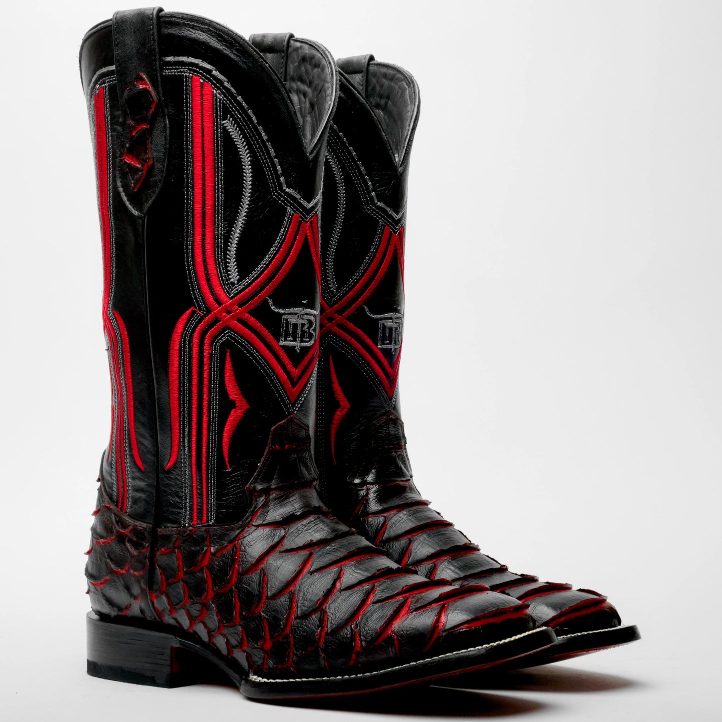 Black/Red Python Leather Boots-Square Head