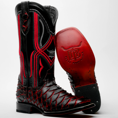 Black/Red Python Leather Boots-Square Head