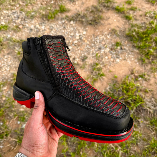 Black Cherry Python Leather Botin With 3D Lightweight Soles - Square Toe