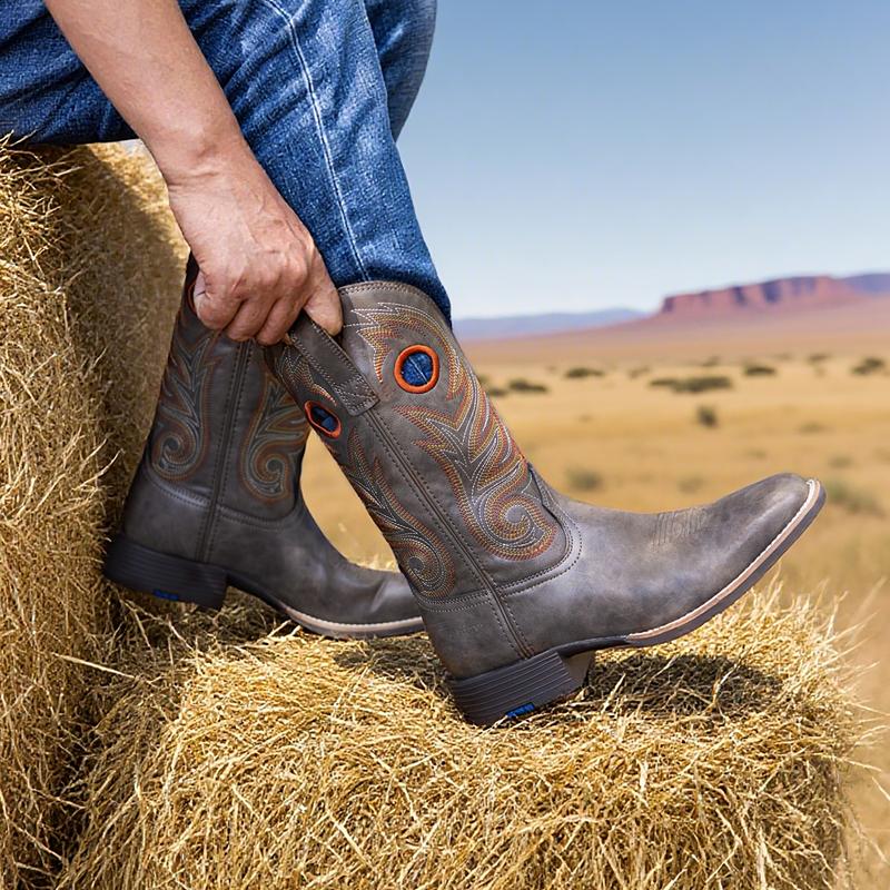 Men's Cowboy Boots Western-Style Classic Embroidered Chunky Heel Flat-Toe Mid-Calf Boot