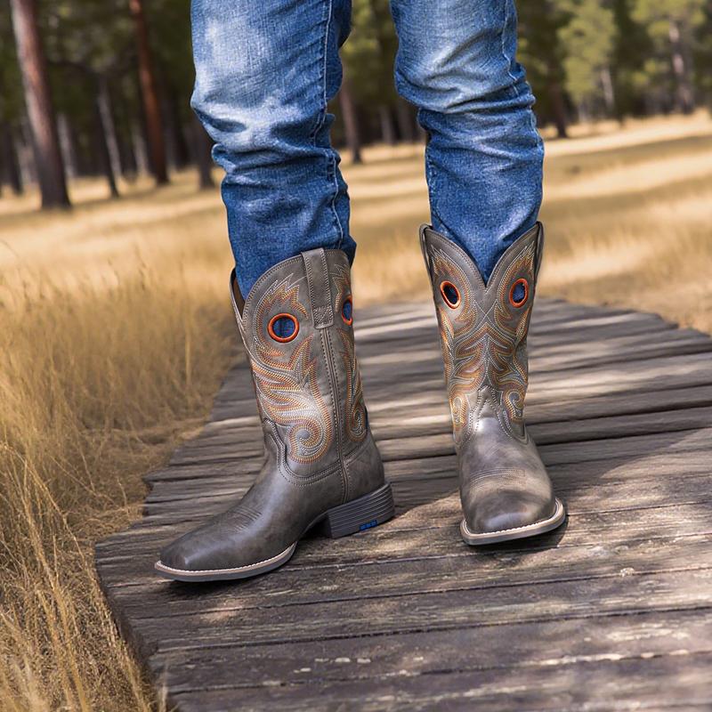 Men's Cowboy Boots Western-Style Classic Embroidered Chunky Heel Flat-Toe Mid-Calf Boot