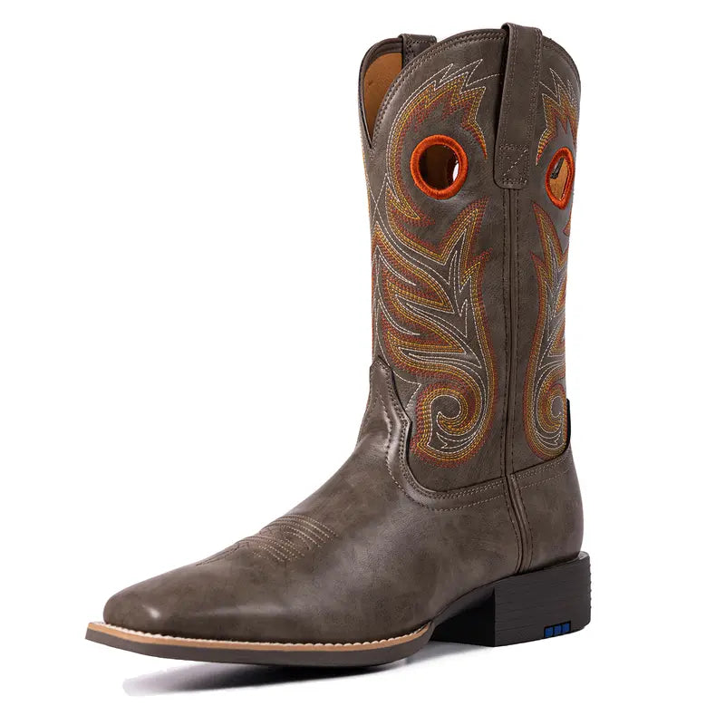 Men's Cowboy Boots Western-Style Classic Embroidered Chunky Heel Flat-Toe Mid-Calf Boot
