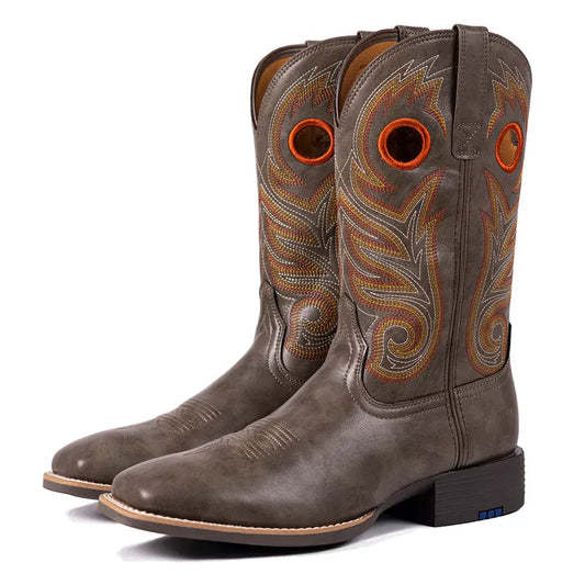 Men's Cowboy Boots Western-Style Classic Embroidered Chunky Heel Flat-Toe Mid-Calf Boot