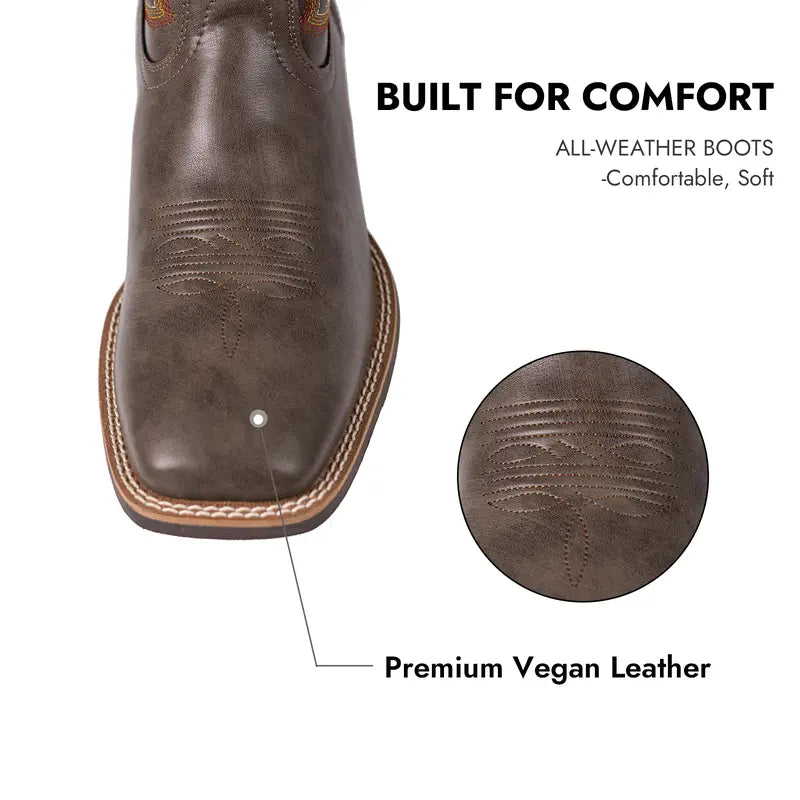 Men's Cowboy Boots Western-Style Classic Embroidered Chunky Heel Flat-Toe Mid-Calf Boot