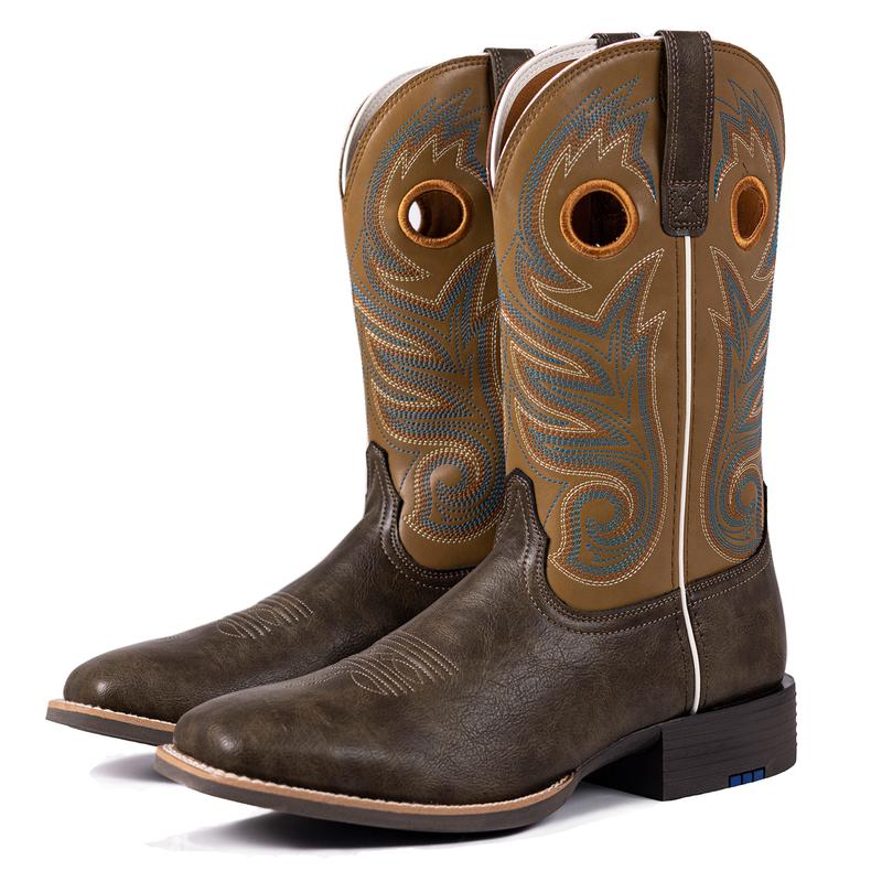Men's Cowboy Boots Western-Style Classic Embroidered Chunky Heel Flat-Toe Mid-Calf Boot