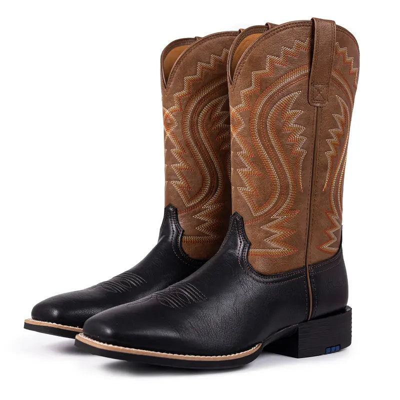 Men's Cowboy Boots Western-Style Classic Embroidered Chunky Heel Flat-Toe Mid-Calf Boot