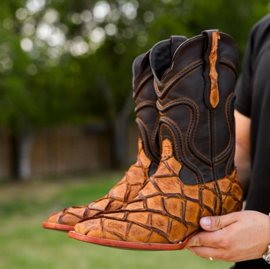Vintage Distressed Pirarucu Leather Boots - Chunky Square Toe