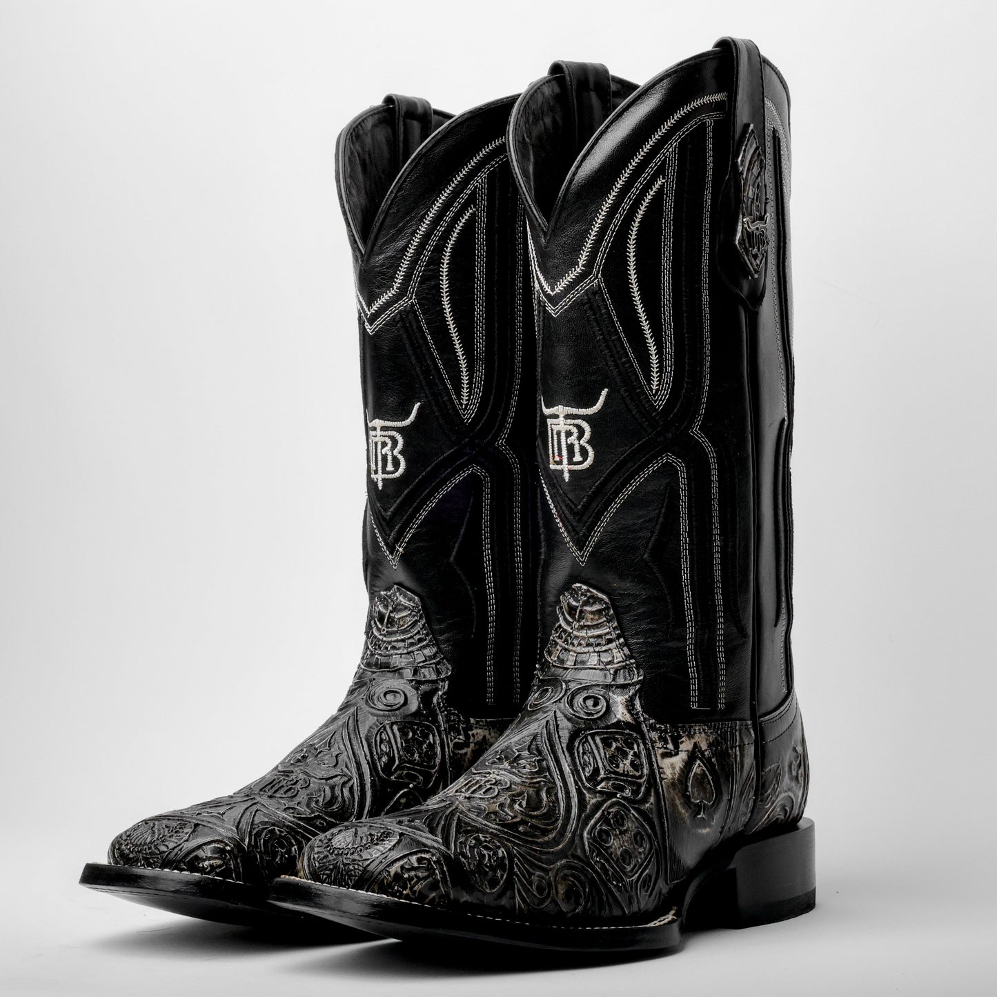 “Ace Of Spades” Grey/Black Leather Boots - Square Toe