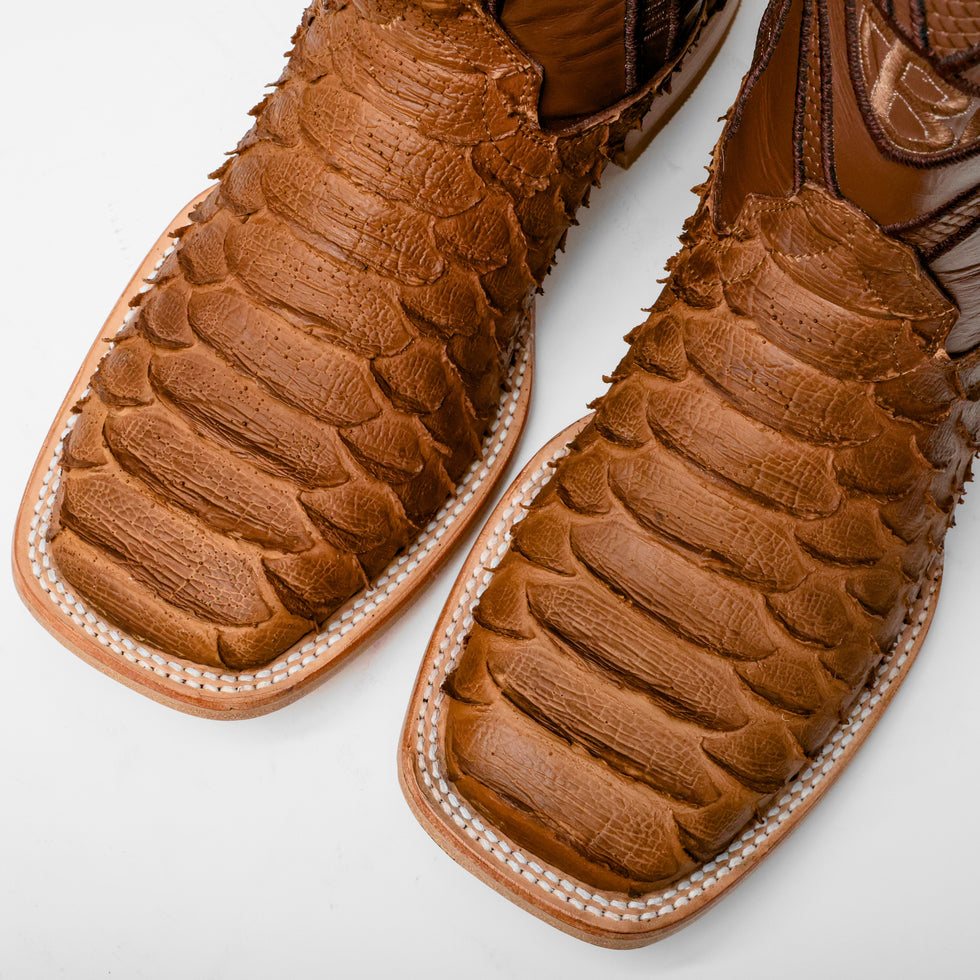 Matte Tan Jumbo Python Leather Boots - Square Toe