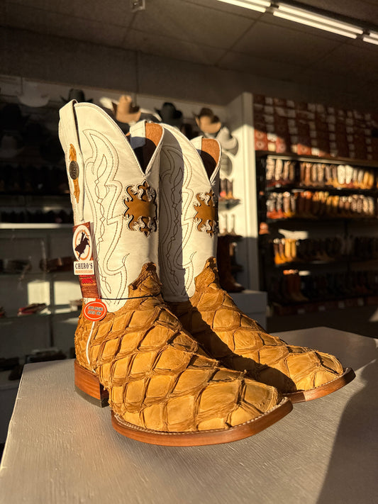 Men's Genuine Monster Fish Leather Square Toe Boots Cognac