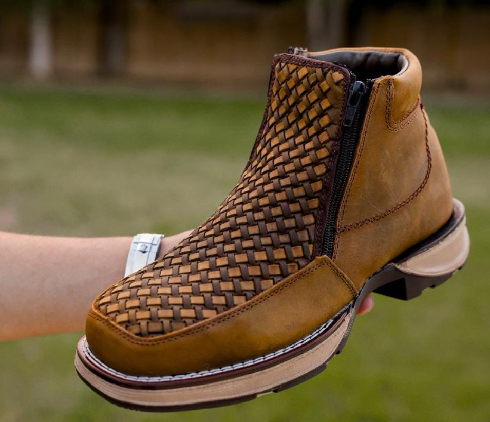 Dusty Honey Basketweave Leather Botin With 3D Lightweight Soles - Square Toe