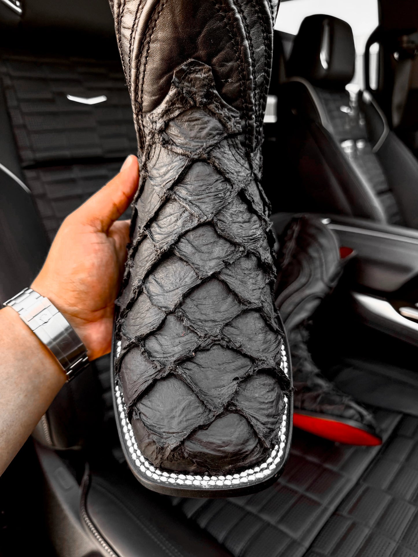 Matte Black Jumbo Pirarucu Leather Boots - Square Toe