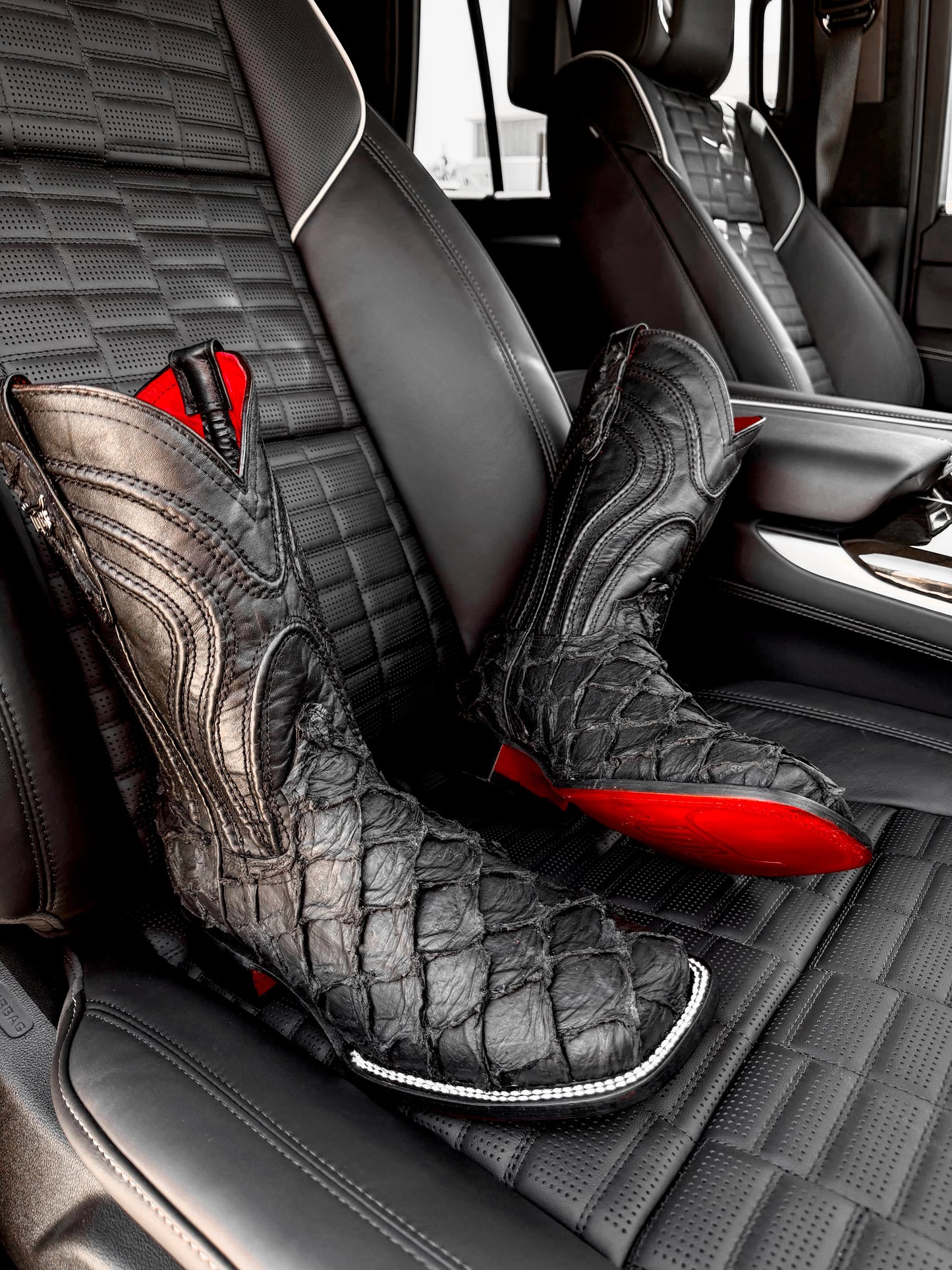 Matte Black Jumbo Pirarucu Leather Boots - Square Toe