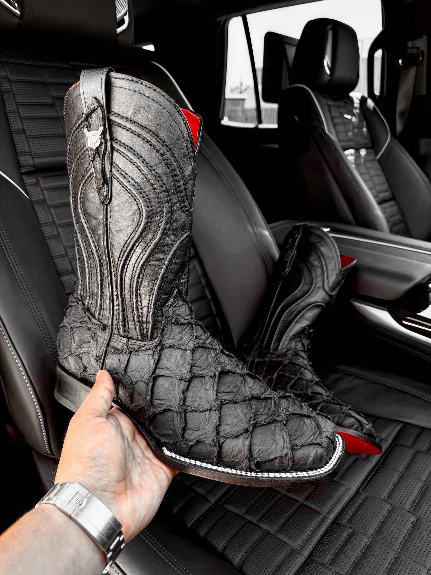 Matte Black Jumbo Pirarucu Leather Boots - Square Toe