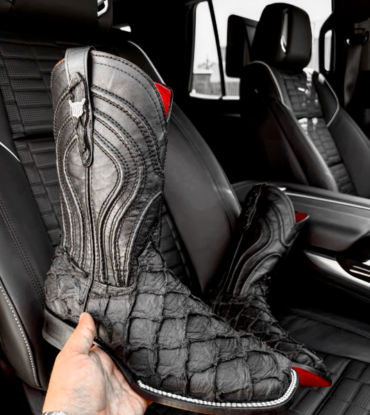 Matte Black Jumbo Pirarucu Leather Boots - Square Toe