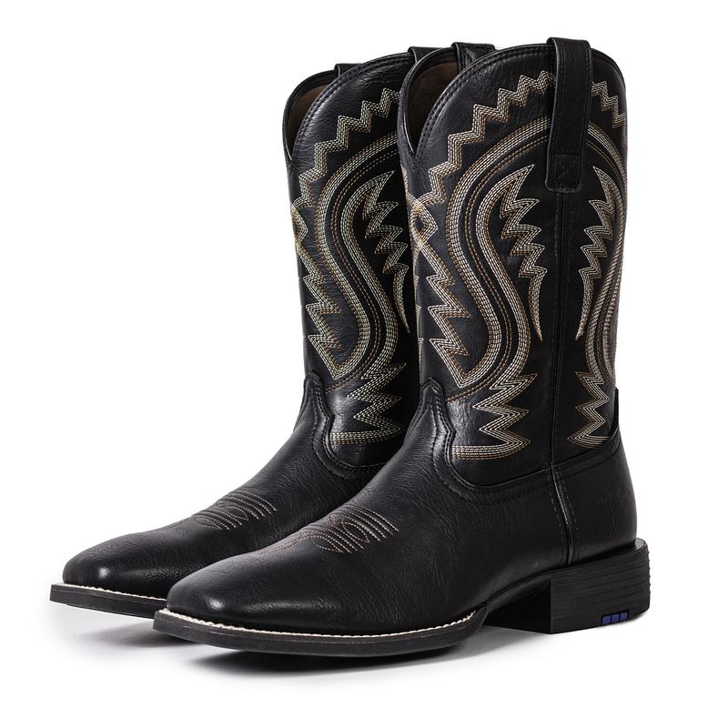 Men's Cowboy Boots Western-Style Classic Embroidered Chunky Heel Flat-Toe Mid-Calf Boot