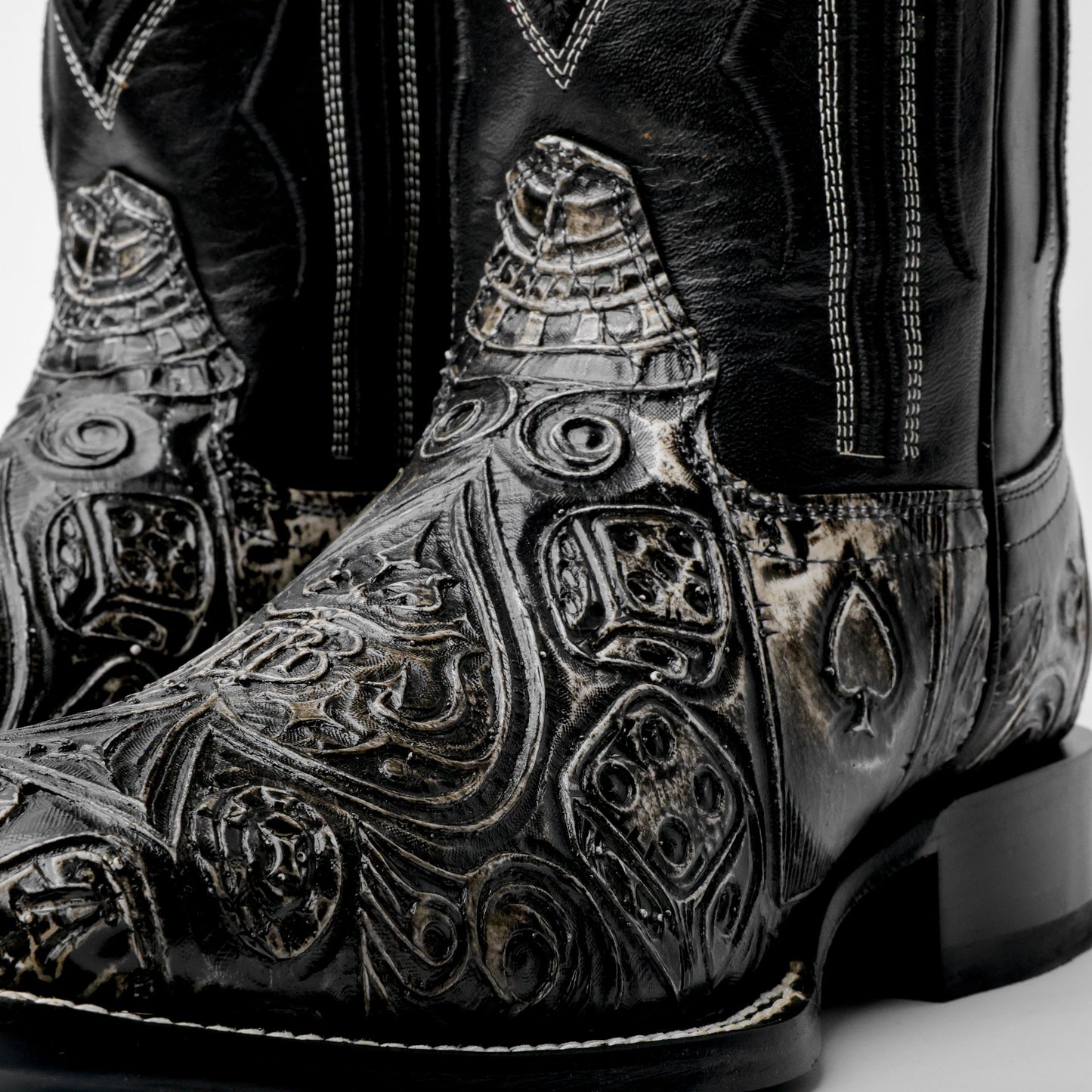 “Ace Of Spades” Grey/Black Leather Boots - Square Toe