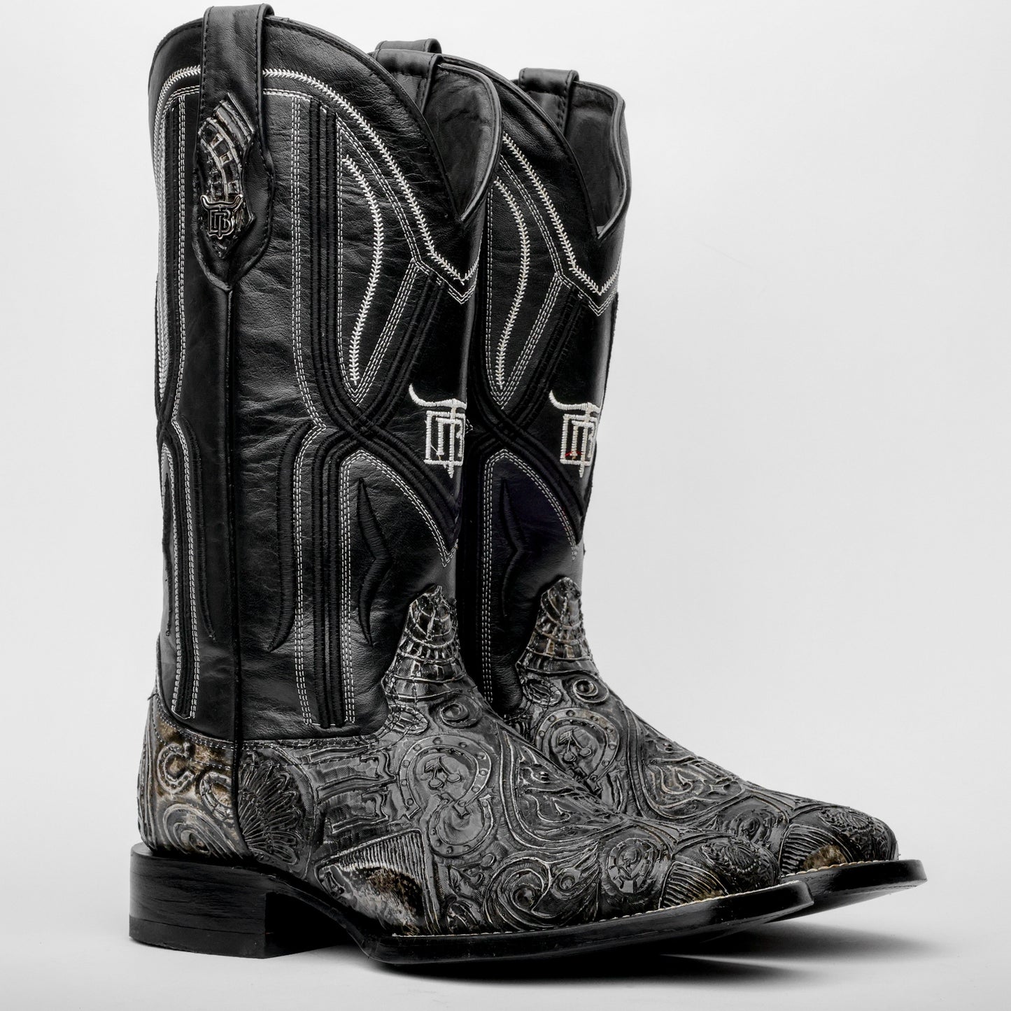 “Ace Of Spades” Grey/Black Leather Boots - Square Toe